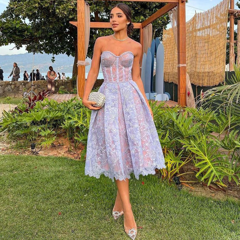 2026 Spring/Summer Cross-Border Amazon New European and American Women's Fashion Lace Long Sleeve Strapless Solid Color Chiffon Summer Dress 2026 Spring/Summer Cross-Border Amazon New European and American Women's Fashion Lace Long Sleeve Strapless Solid Color Chiffon Summer Dress
