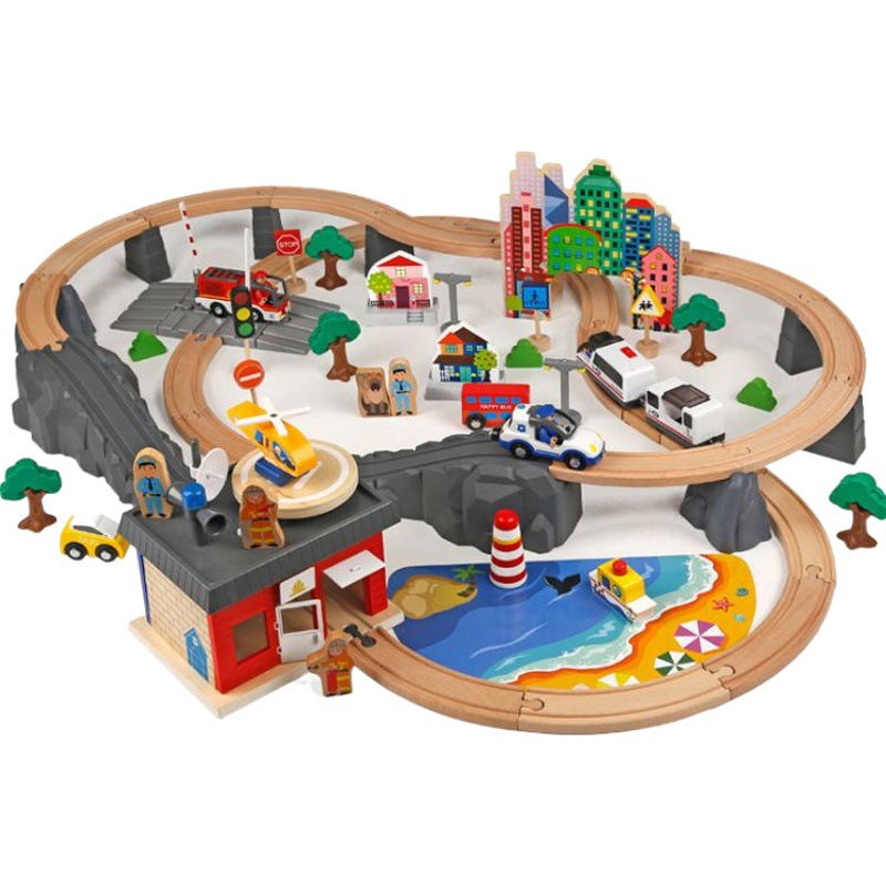 Pista de tren de madera para niños cabeza de coche eléctrico magnético 92 piezas traje de pista de tren de policía de bomberos