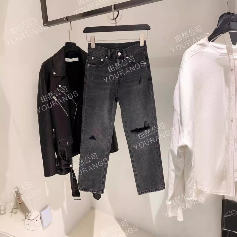 [Loss 90] AG velvet gray 13 oz Turkish ripped high waist loose small straight jeans
