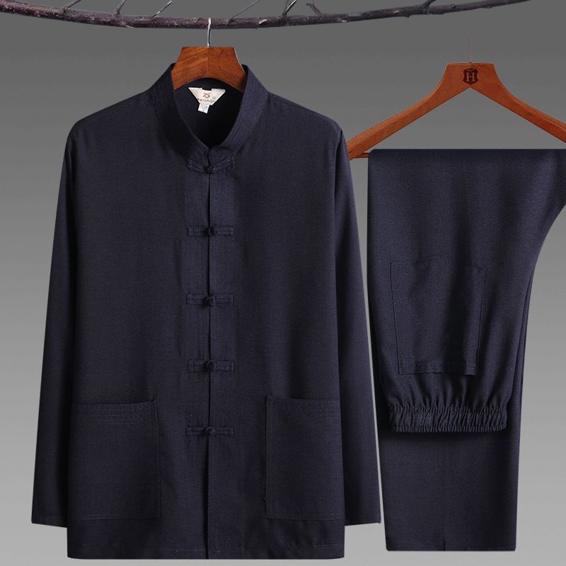 Men's Tang-style long-sleeved shirt suit for middle-aged and elderly men, spring and summer Chinese style Hanfu, father's outfit, grandfather's Tai Chi outfit