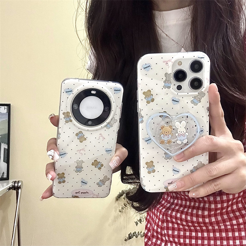 可爱波点熊兔爱心支架适用iphone15Promax苹果13/14手机壳11/12女