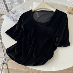 高級感! ベルベットのゆるい半袖tシャツの女性春夏垂順U襟の大きなサイズのマスクシャツの上着ins潮