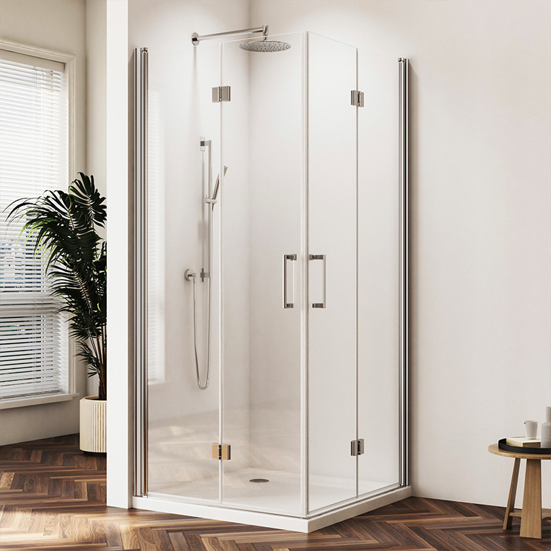 Diamond-shaped shower enclosure with a minimalist, concealed design, featuring a black frame and partitioning for the bathroom Diamond-shaped shower enclosure with a minimalist, concealed design, featuring a black frame and partitioning for the bathroom