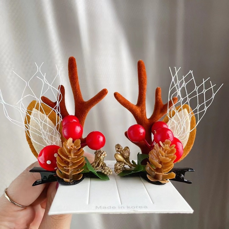 クリスマスの頭飾り森系ヘラジカのヘアピンが可愛い子供の鹿の角の耳のヘアピンのカチューシャのアクセサリーの小さいクリップの髪飾りです。|undefined
