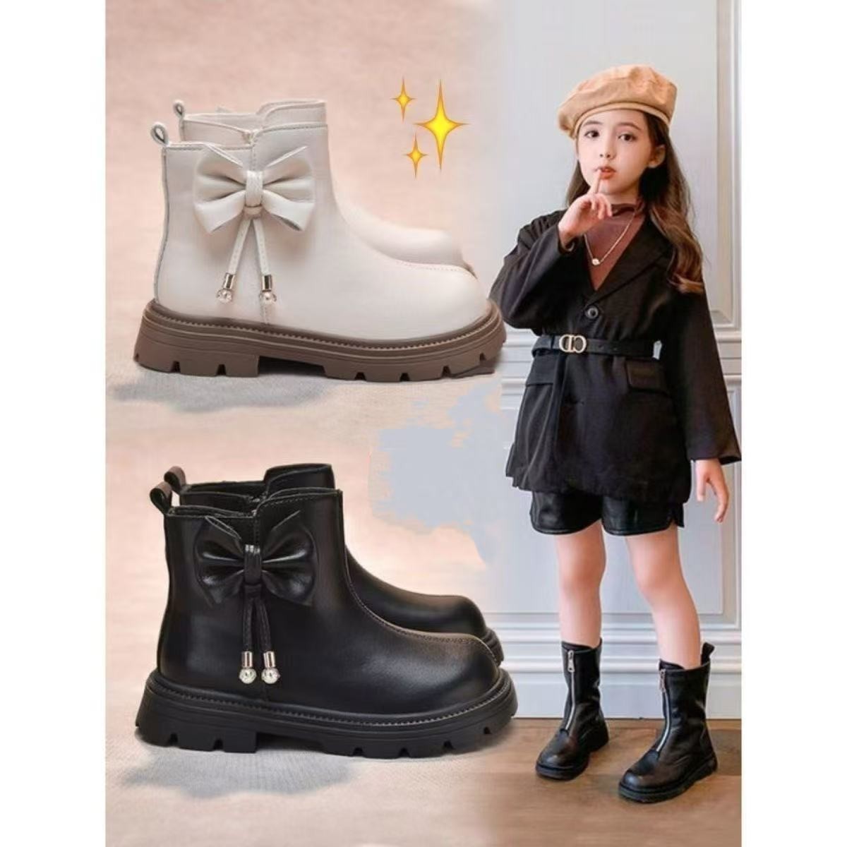 Girls' Stylish Shoes, Children's Martin Boots, 2025 New Autumn and Winter Models, Medium and Large Children's Girls' Leather Boots, Black Short Boots, Trendy