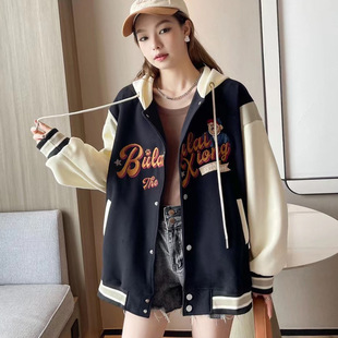 New spring and autumn clothing plus size loose hooded cardigan women's cartoon jacket baseball uniform mid-length Korean style contrast color sweater