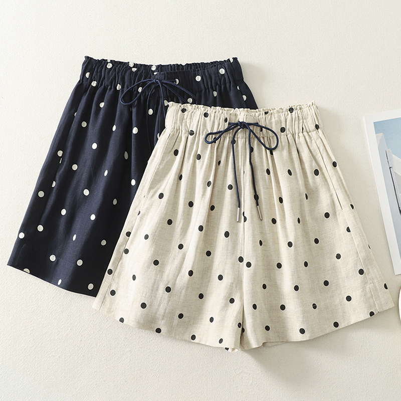 复古2025森系文艺夏日新品系带腰波点休闲舒适百搭简约阔腿短裤