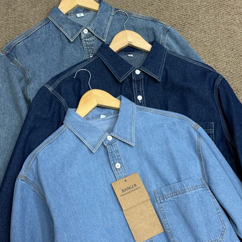 Triple-stitch heavy-duty sand-washed denim shirt, spring and autumn style, pure cotton long-sleeve shirt, men's Japanese-style loose-fitting top