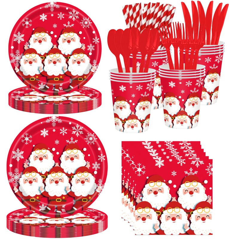 Red Christmas Theme Party Decoration Tableware with Snowflake Santa Claus Disposable Paper Plates, Paper Cups and Paper Towels