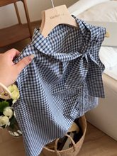 法式蝴蝶结系带无袖格子衬衫女2025新款夏季茶里茶气别致小衫上衣