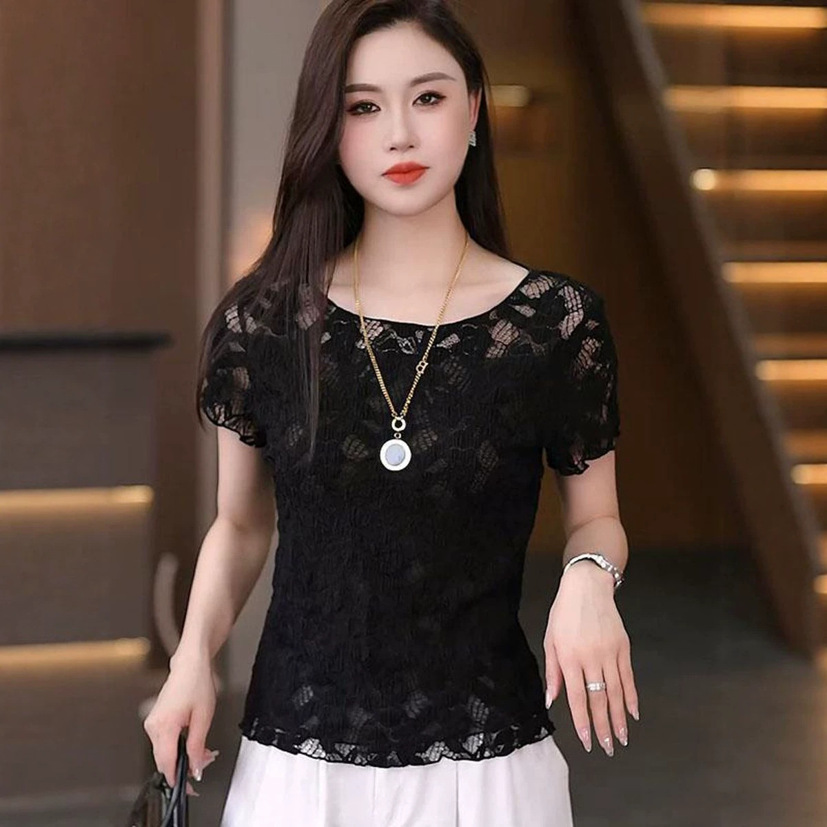 Summer lace solid color elegant retro shirt