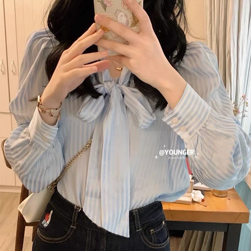 Blue design spring Japanese shirt with bow