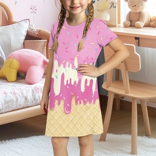 Cross-Border Ice Cream Cone Printed Short-Sleeved Girls' Nightgown, Cute and Sweet Nightgown, Pajamas Pattern Can Be Customized Starting from One Piece