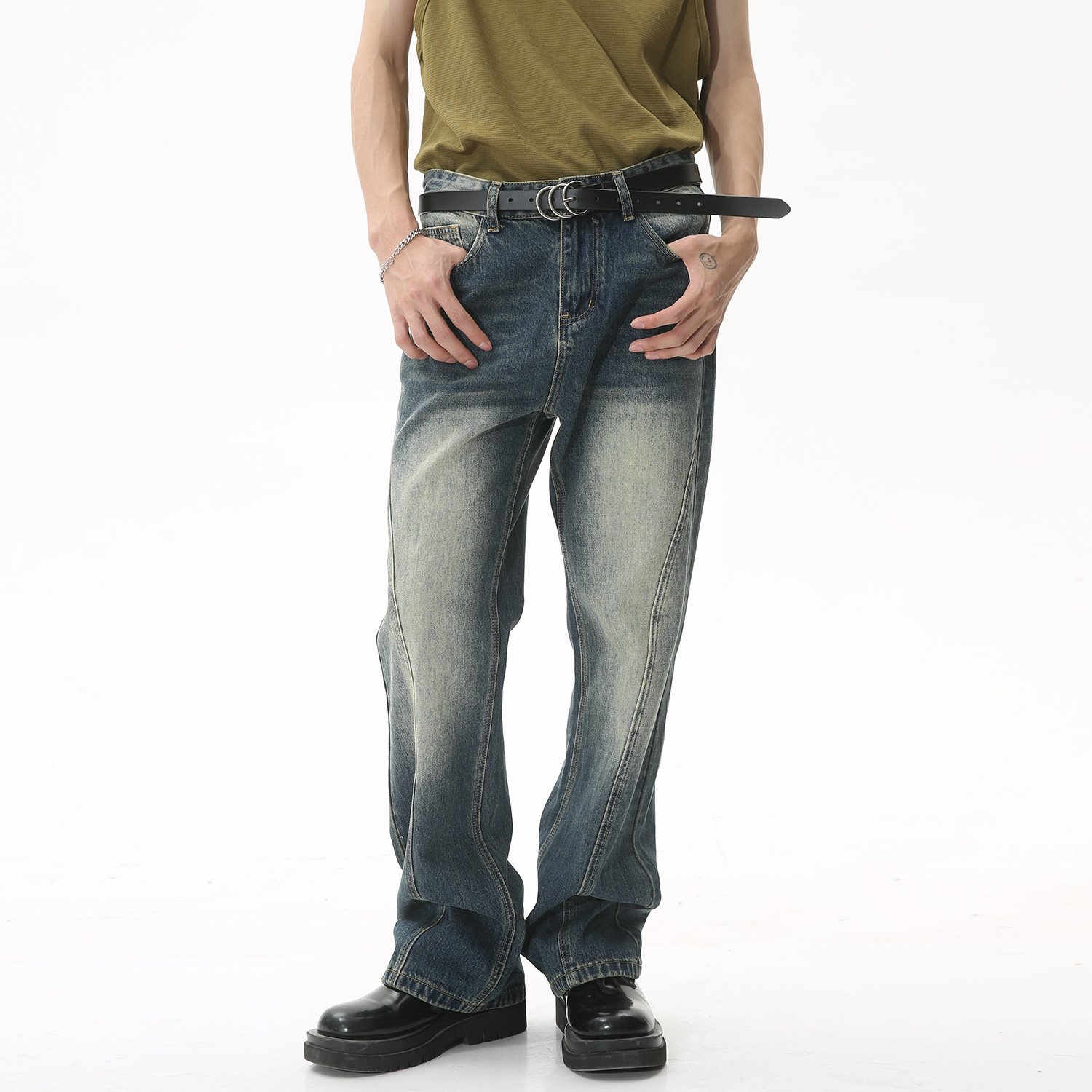 Mtlclothes ropa de Hombre | 2023 cuatro estaciones nueva recta suelta Hong Kong estilo retro apenado costura jeans