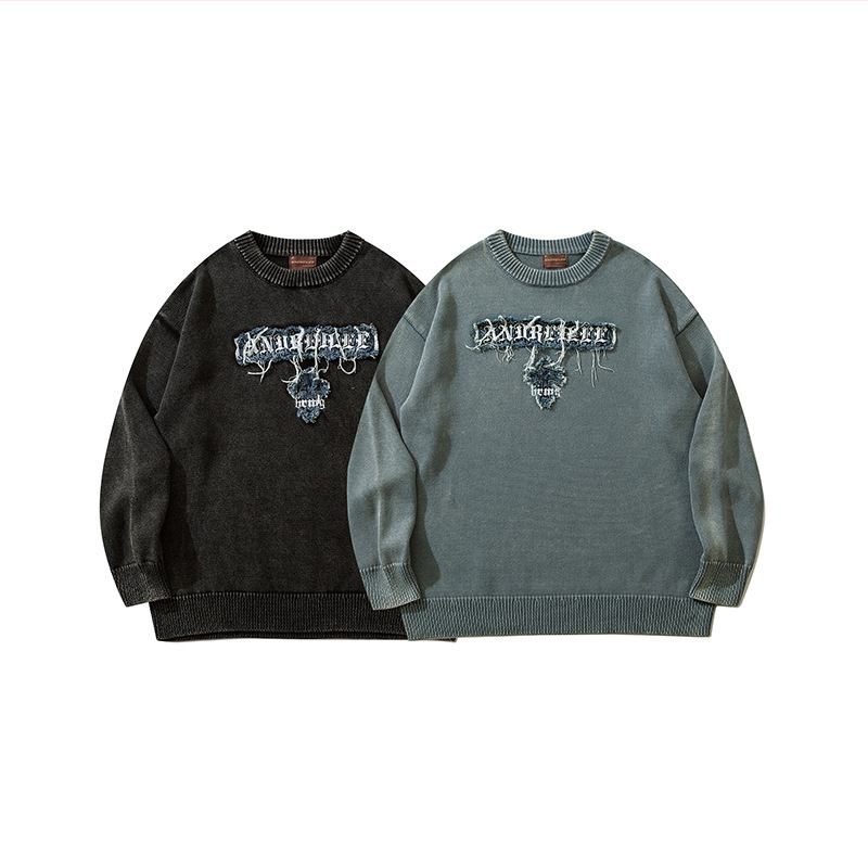 YWFG marca de moda americana retro letras 2024 primavera pareja alta versátil cuello redondo manga larga suéter de punto image 5