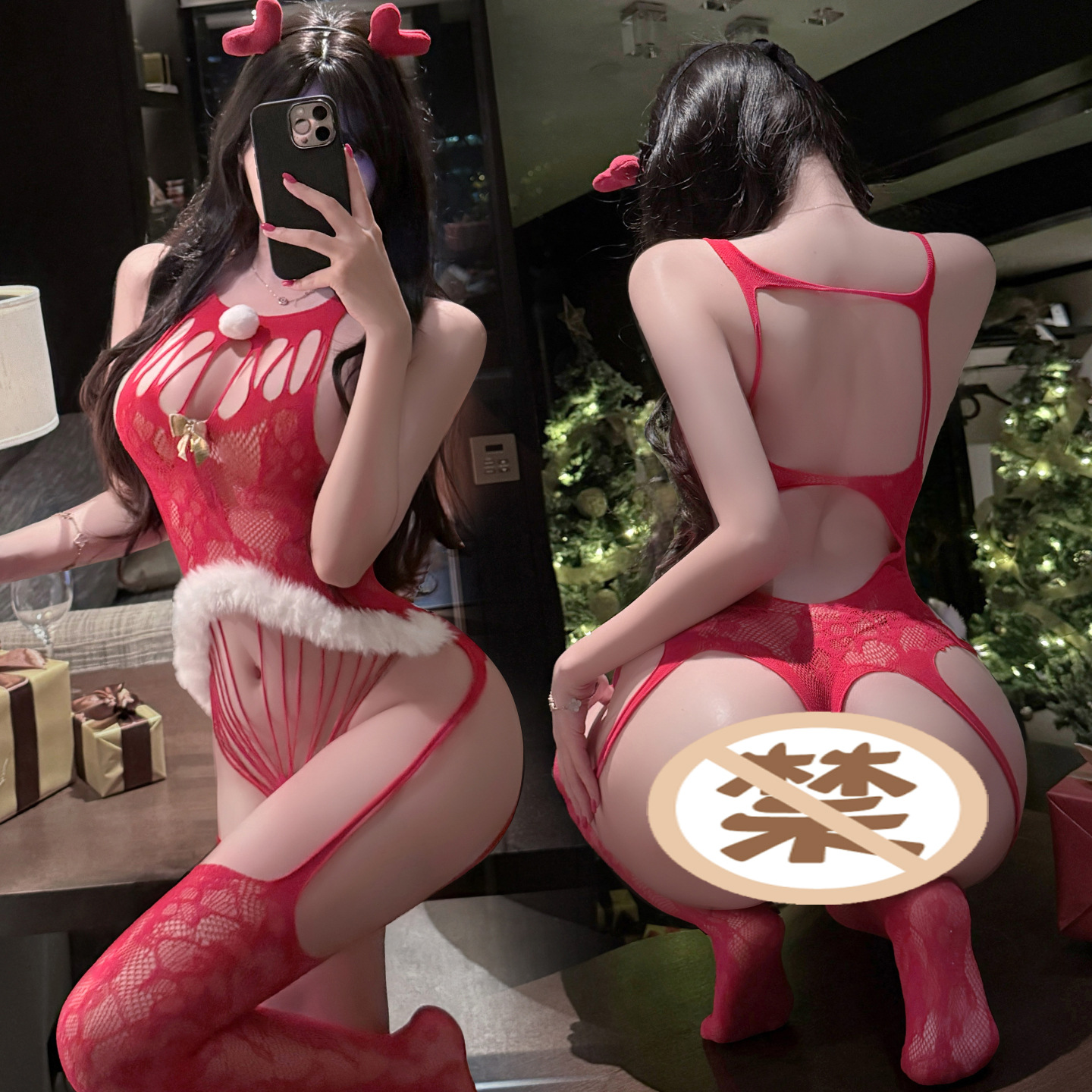 Manyan Sexy Lingerie New Year's Outfit Sexy Suspender Jumpsuit Christmas Fishnet Stockings Hollow-Out Bodysuit 700562