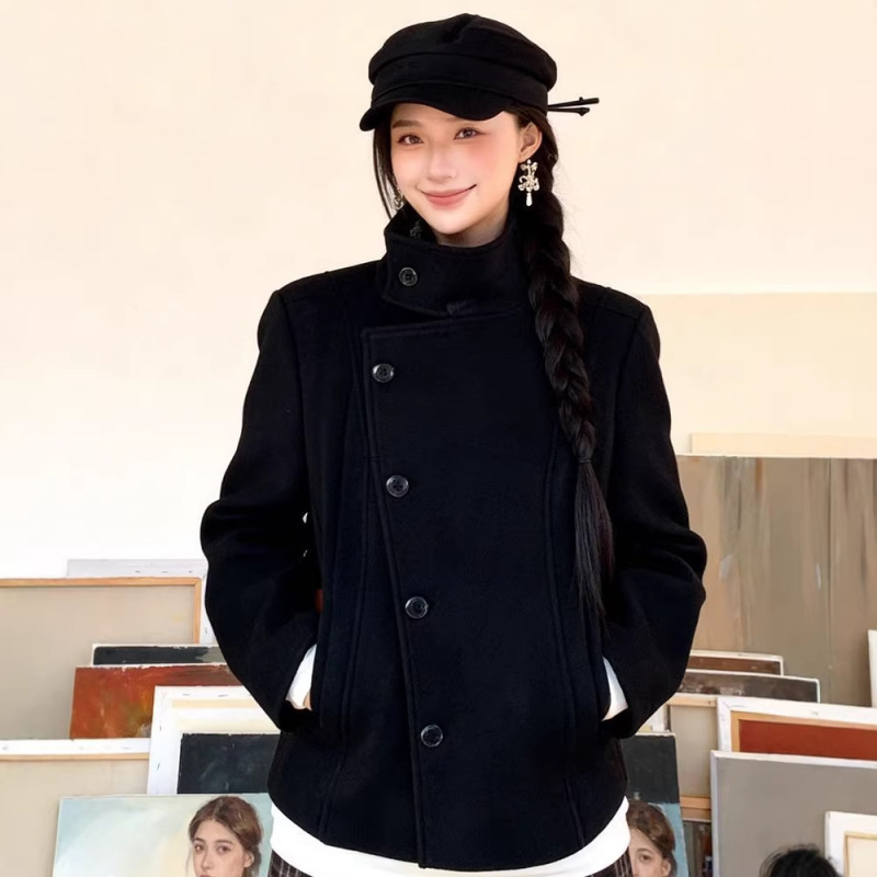 Korean-Style Thick Padded Woolen Coat for Petite Women, Winter Short Woolen Jacket with Stand Collar, Black Woolen Coat for Women