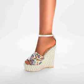 坡跟凉鞋2024外贸夏季新款高跟防水台草编厚底水钻时尚时装高跟鞋