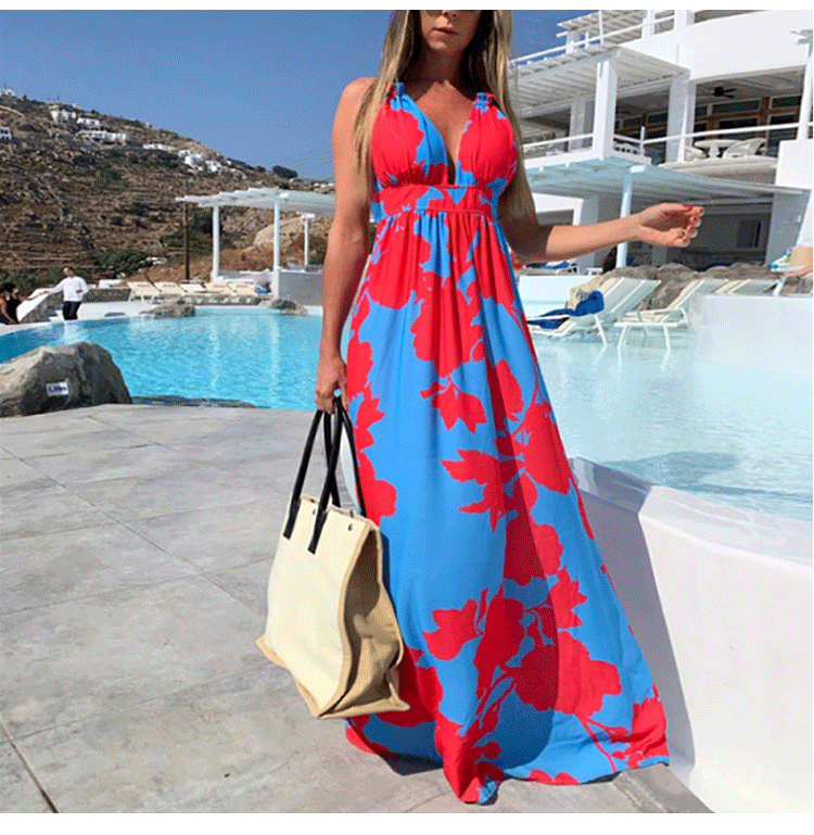 Bohemian Printed V-Neck Halter Sling Long Dress NSHHF53629