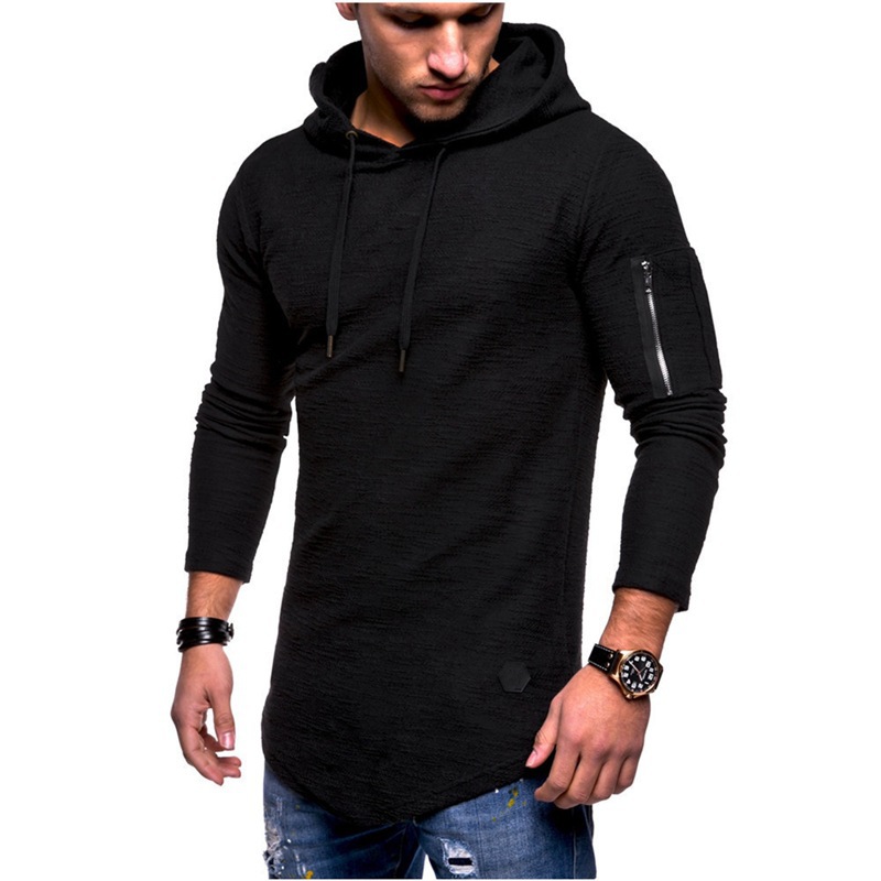 New men's pullover hooded spring and autumn hoodie zippered solid color leather label jacket_voghion.com