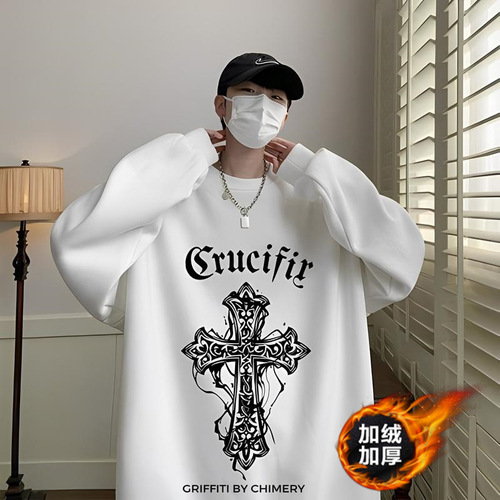 Men's Loose Casual Crew Neck T-Shirt, Spring and Autumn Season, No Hat Hoodie, American Style Versatile Long T-Shirt Top, Ins Trendy Brand