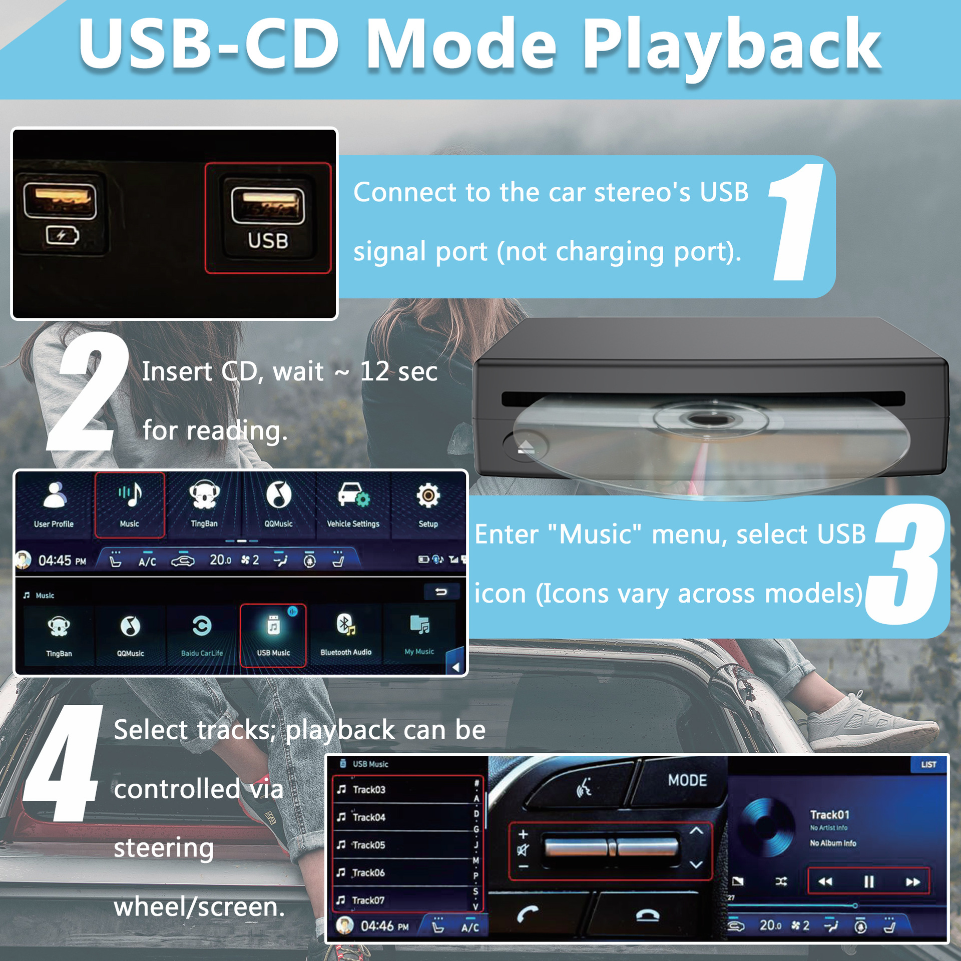 Car external CD player, USB connection to DVD player, external CD drive, lossless music, plug and play