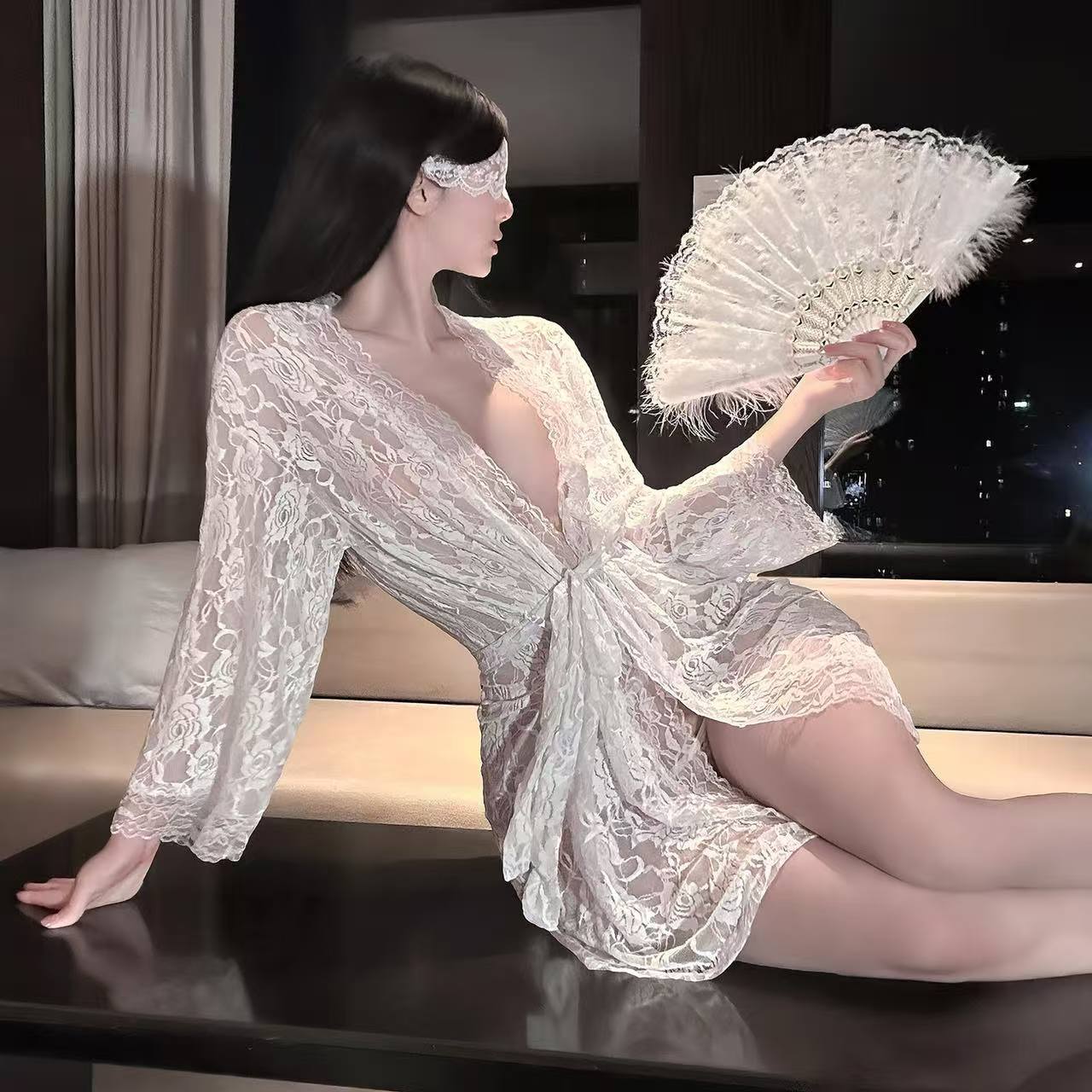 White Lace See-Through Babydoll Nightgown with Waist Belt and Thong, Sheer Polyester Sleepwear, One Size — detail image 2
