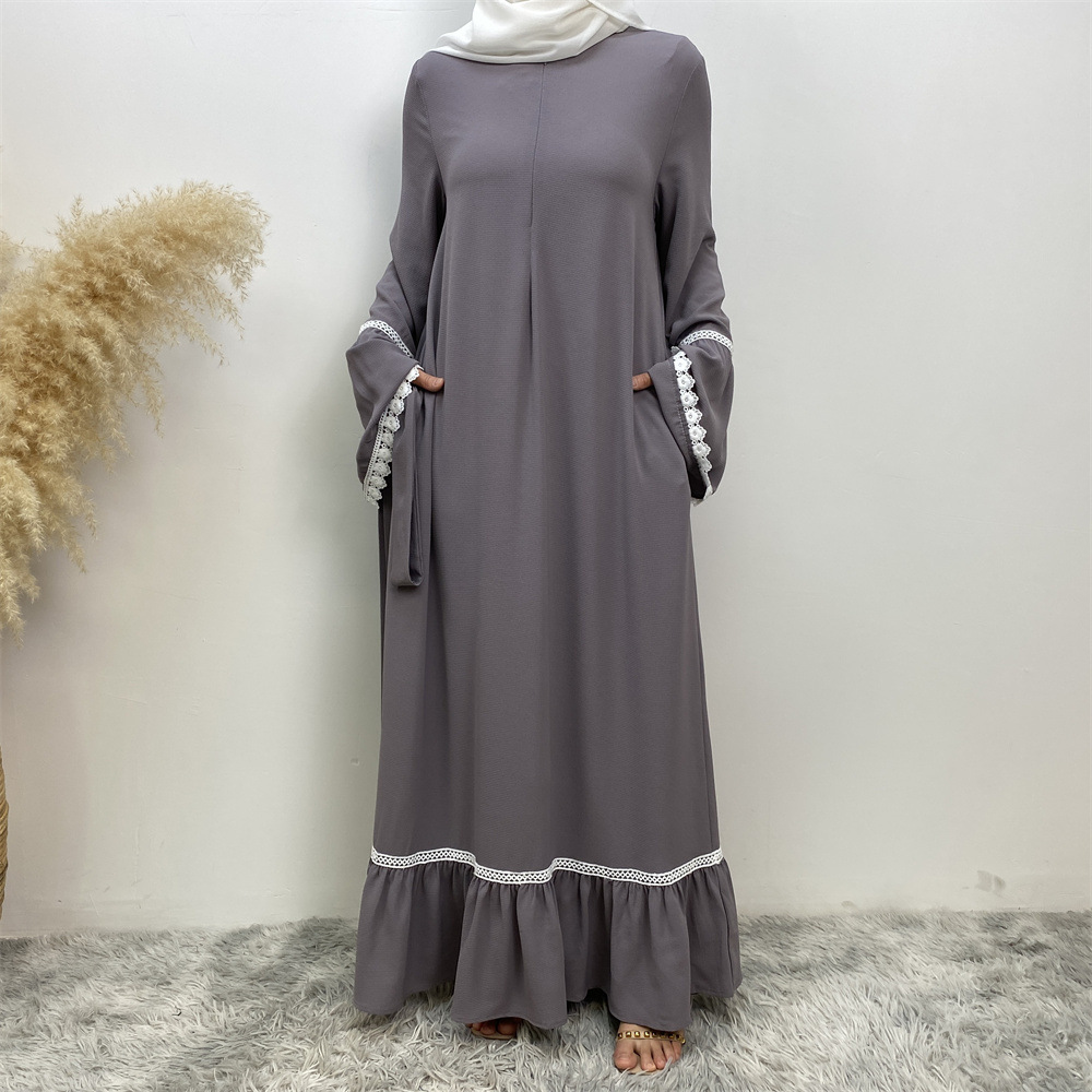 Modest Abaya Dress/Muslim Dress Women Patchwork White Lace Trim Dress With Front Zipper And Full Skirt For Women Muslim Fashion_voghion.com