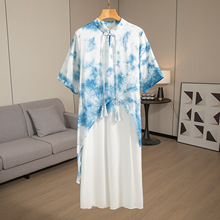 云南大理手工扎染连衣裙植物染旗袍裙新中式立领中袖复古双层裙子