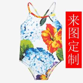 儿童女童黑白玫瑰花月季绣球印花UPFUV50+防晒连体亲子泳衣工厂X