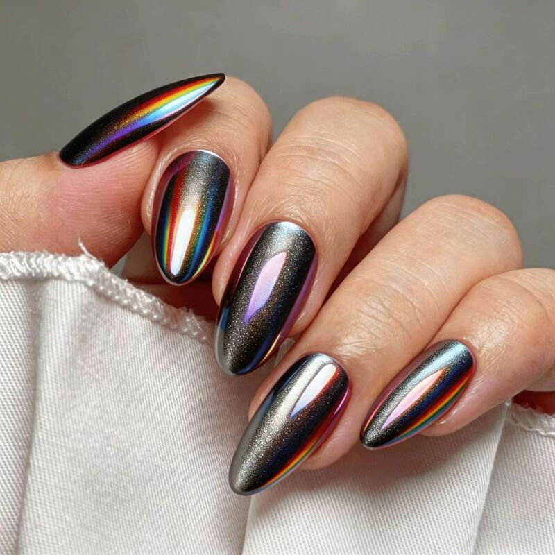 Black Silver Electroplated Cat-Eye Press-On Nails, Medium-Length Almond-Shaped Glossy False Nails, Fashionable European and American Style Nails Black Silver Electroplated Cat-Eye Press-On Nails, Medium-Length Almond-Shaped Glossy False Nails, Fashionable European and American Style Nails