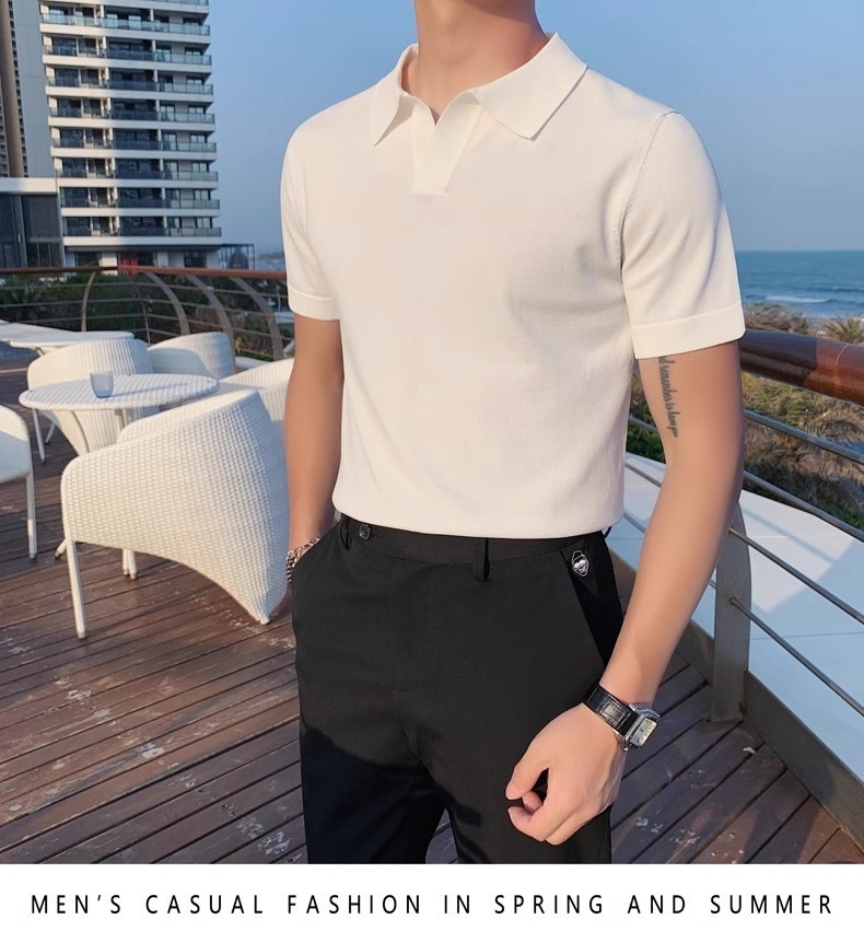 Men's Slim Fit Polo Shirt Silky Cotton Ice Silk Knitted Seagull Collar Short Sleeve Casual Workwear Trendy Sweatshirt_viptrois.com
