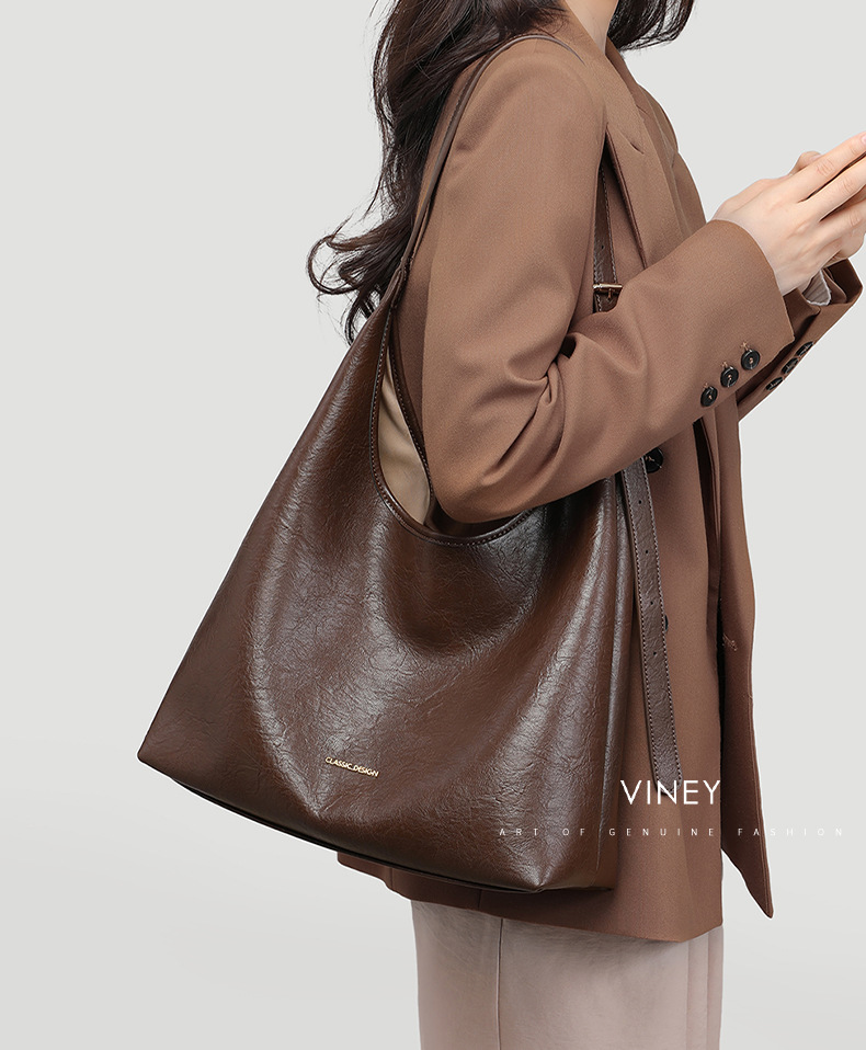 Túi tote da thật nữ đáy rộng dáng lớn đeo vai đeo chéo đi làm kiểu mới — Màu nâu chi tiết 2