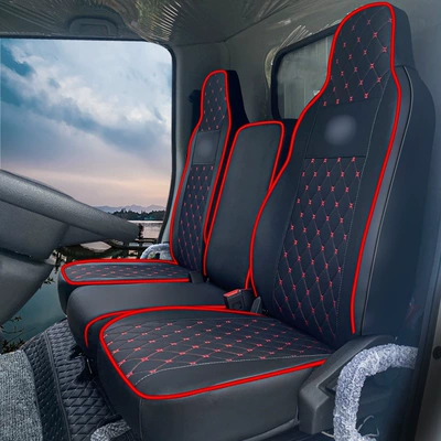 Modelə uyğun (Original) oturacaq örtükləri – for All Seasons - plaid-leather-black-with-red-stitching-the-driver-and-two-passengers-sit-in-one-set
