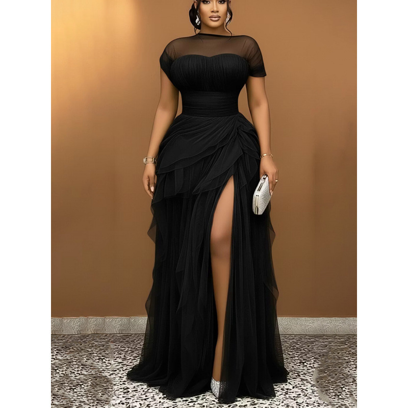 European and American plus-size mesh patchwork evening dress for women, featuring a cinched waist, pleated design, a slit, and a floor-length silhouette, perfect for formal occasions European and American plus-size mesh patchwork evening dress for women, featuring a cinched waist, pleated design, a slit, and a floor-length silhouette, perfect for formal occasions