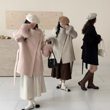 秋冬气质赫本风狐狸毛袖双面羊毛大衣中长款系带加厚羊绒双面外套