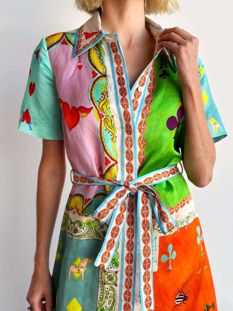 Loose Fit Type Poker Pattern Wholesale Women's Casual Belt Poker Daily Turndown Short Sleeve Shirt Dress