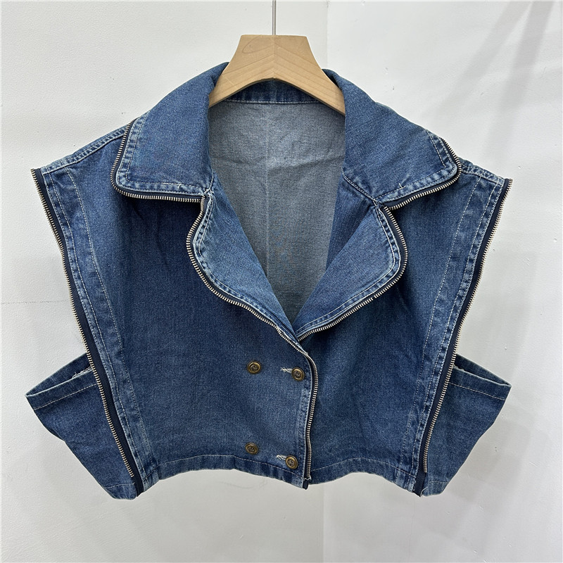 Estilo americano estilo callejero estilo de moda traje cuello corto chaleco de vaqueros hombre pequeño alto doble hebilla cremallera clips caballo