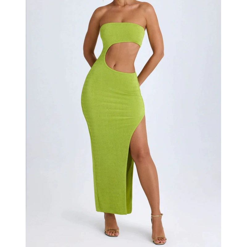 Летнее платье для женщин 2025 года, европейского и американского экспорта, с открытой талией, разрезом, длинной юбкой, открытой спиной и коротким топом-трубой средней длины.