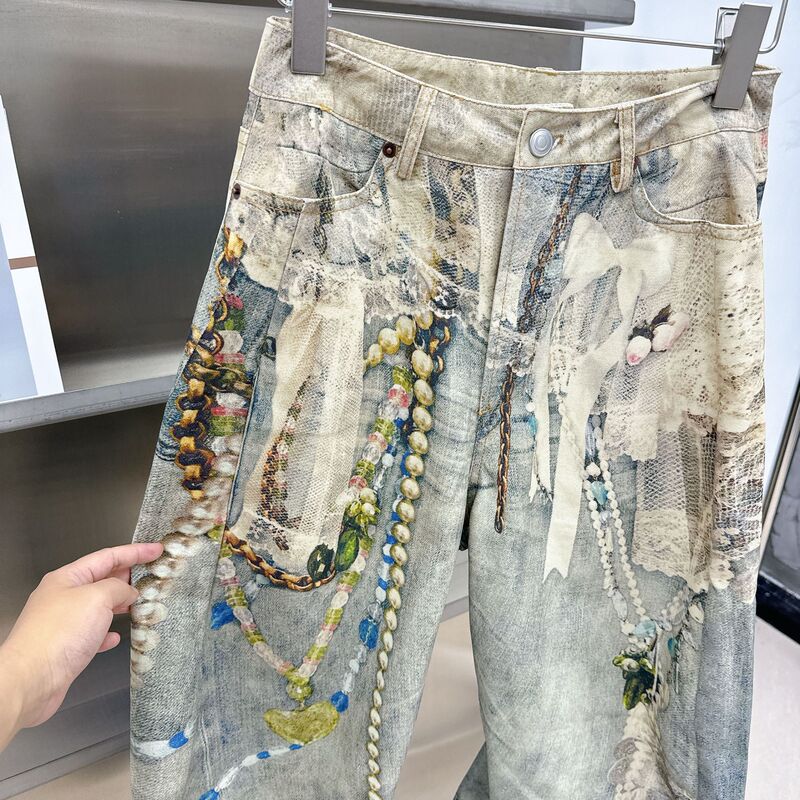 重工潮牌新款做旧风格蕾丝3D印花牛仔裤男女牛仔长裤明星同款潮流|undefined