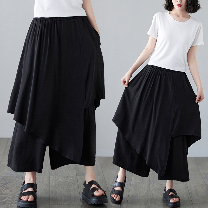 6220# New Design culottes women's summer dark cropped pants baggy loose wide-leg pants Knight skirt