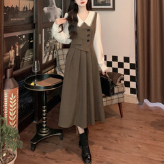 2024假兩件減齡娃娃領連衣裙女裝秋裝新款法式修身收腰氣質長裙子