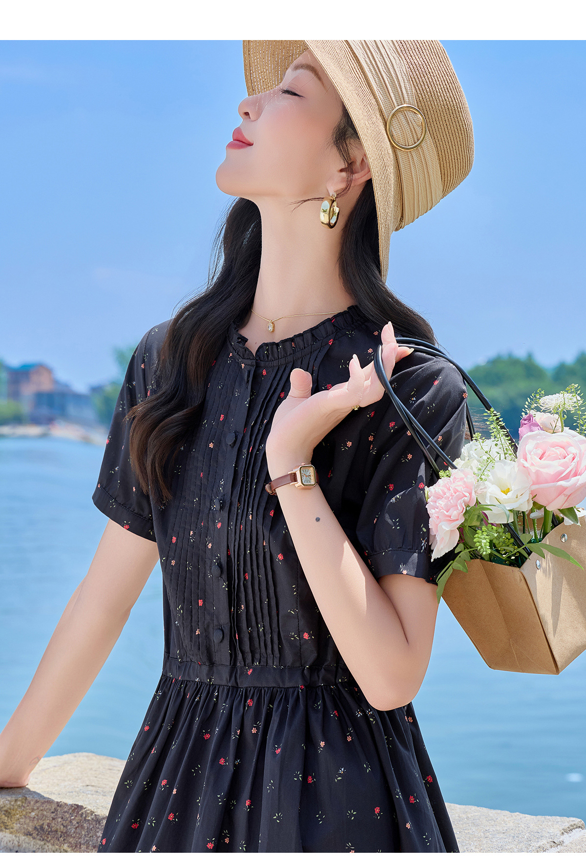 Đầm maxi nữ thắt eo in họa tiết hoa cổ điển tay ngắn — Xanh lông mòng đen chi tiết 17