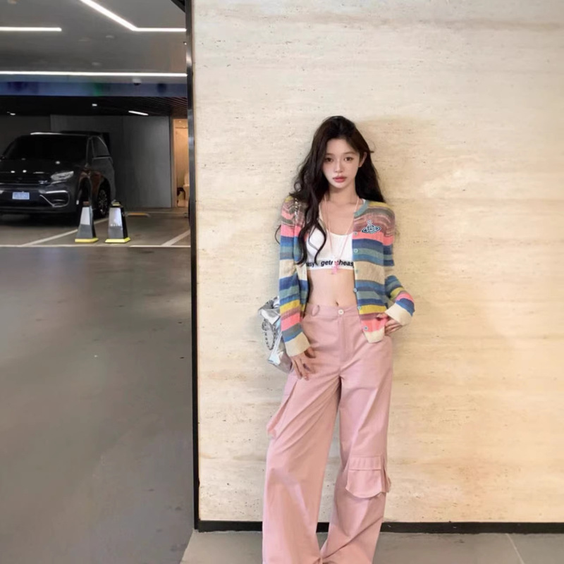 Atmospheric Cardigan) Hanke Saturn Rainbow Colorful Stripesd Thin Stretch Knitted Cardigan Multi-Colorful Girls