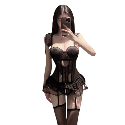 Airi Ai Intimate Lingerie: Sexy Dragonbone Design, Small-Chest Enhancing Pads, Body-Shaping, Sheer One-Piece Suspender Stocking Set 5039