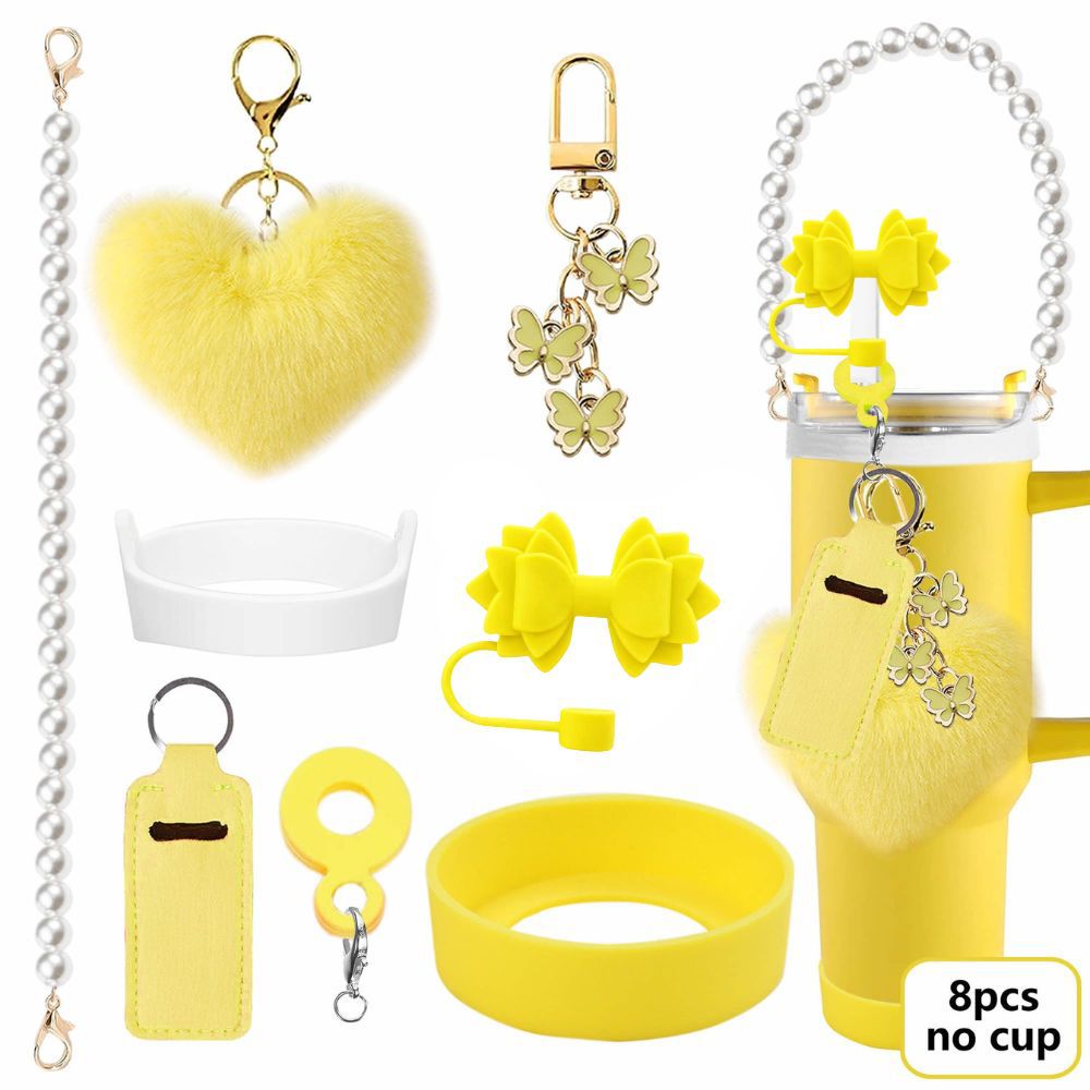 Accesorios de taza Stanley colgante de cuerda de mano flor de silicona gorra de paja de peluche colgante de taza cadena de taza de color cubierta de taza