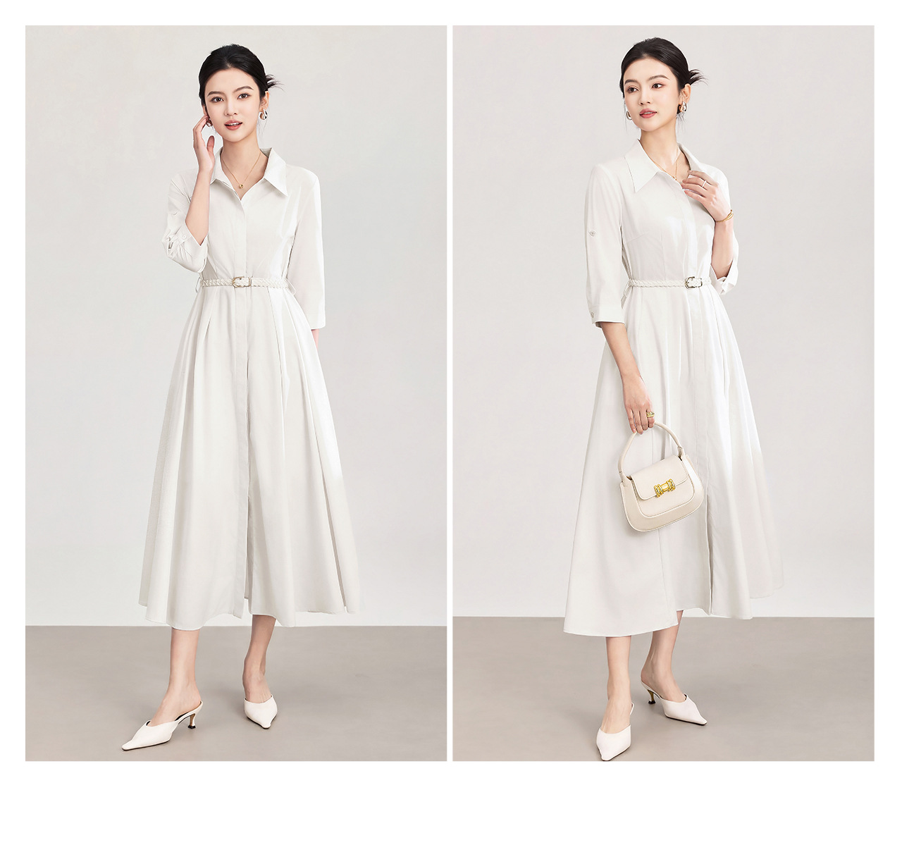 Đầm sơ mi nữ tay dài cổ ve, chất liệu tơ tằm pha cotton, dáng suông thoải mái — xanh lam chi tiết 20