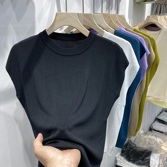 Short-sleeved T-shirt Women's New Ice Silk Knitted Sweater Summer Thin Shoulder Sleeve Loose Slimming Round Neck Base Shirt Top