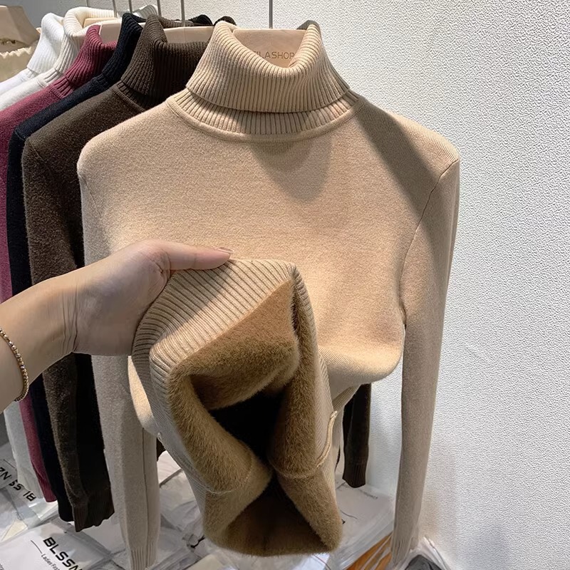 One-Piece Velvet Top Autumn and Winter Threaded High Collar Long-Sleeved Knitted Bottoming with Velvet Thickeneded Knitted Sweater for Women to Heattech