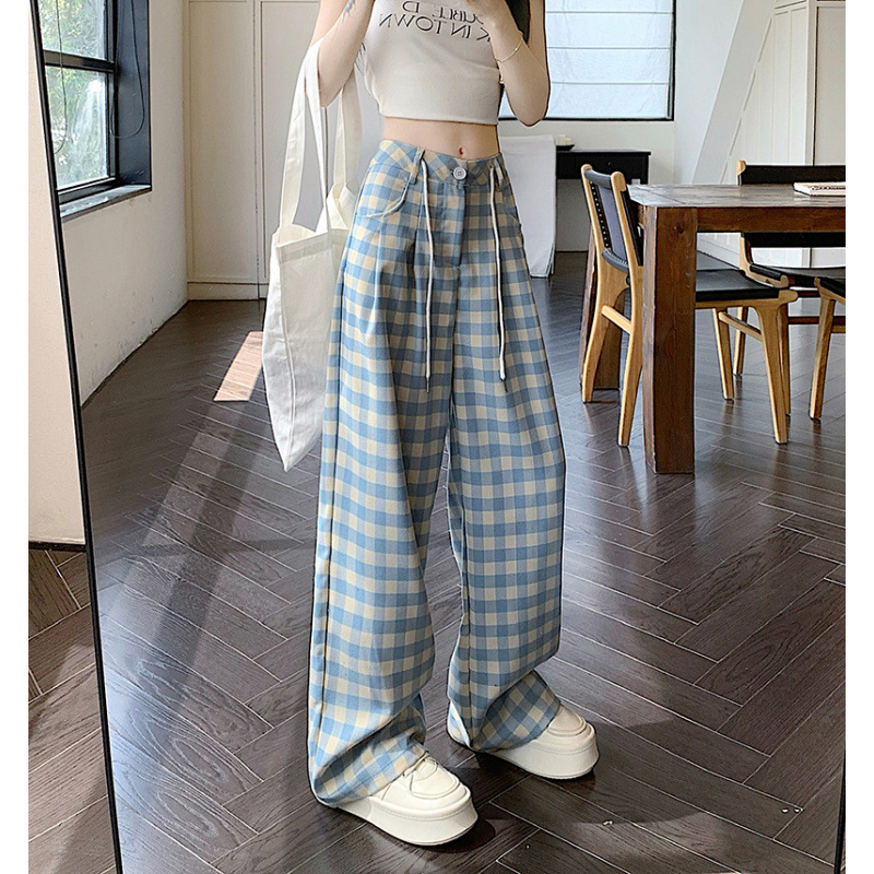 多巴胺蓝色休闲格子裤女夏季大码新款薄款直筒宽松阔腿拖地长裤子|undefined